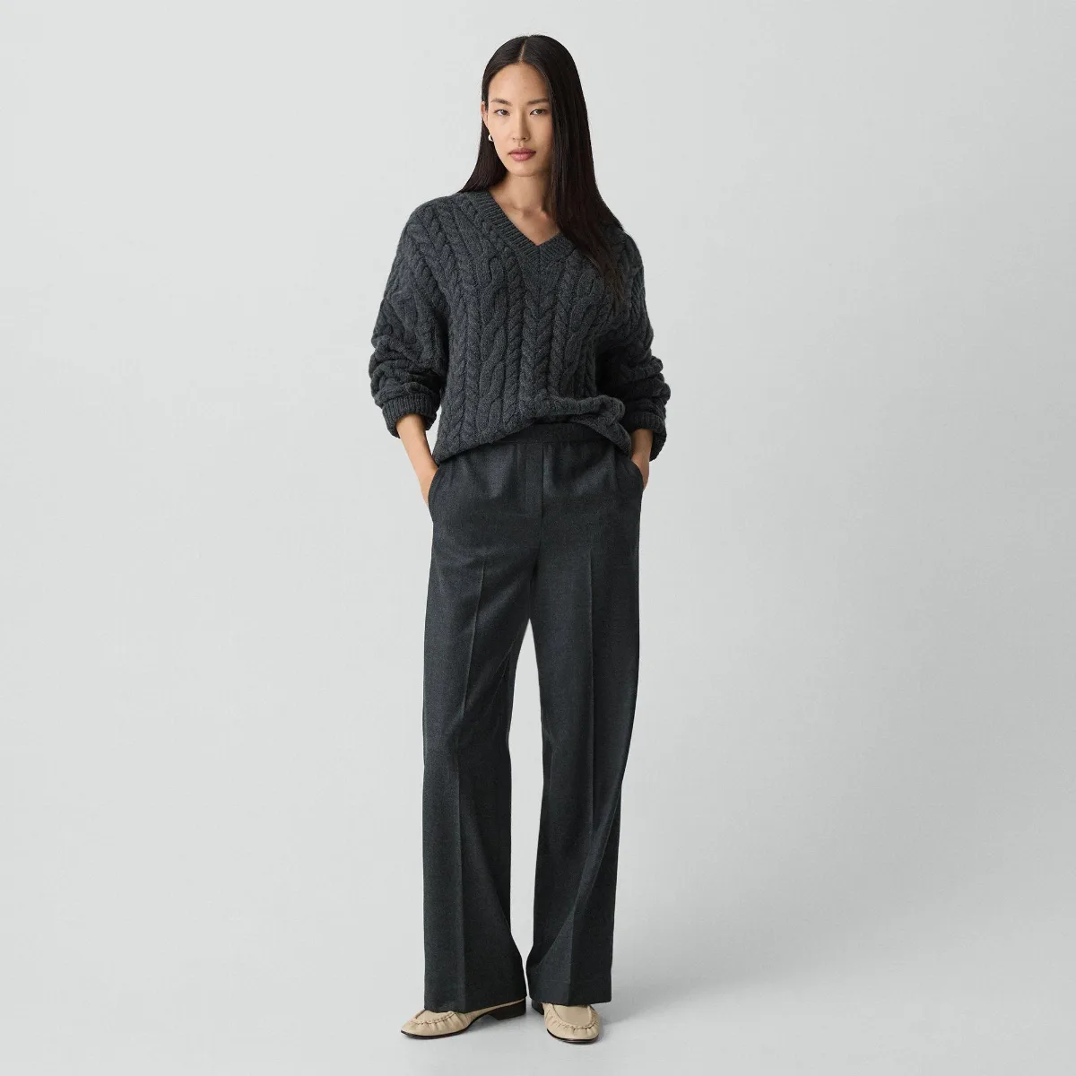 Wide-Leg Pull-On Pant in Sleek Flannel by Theory