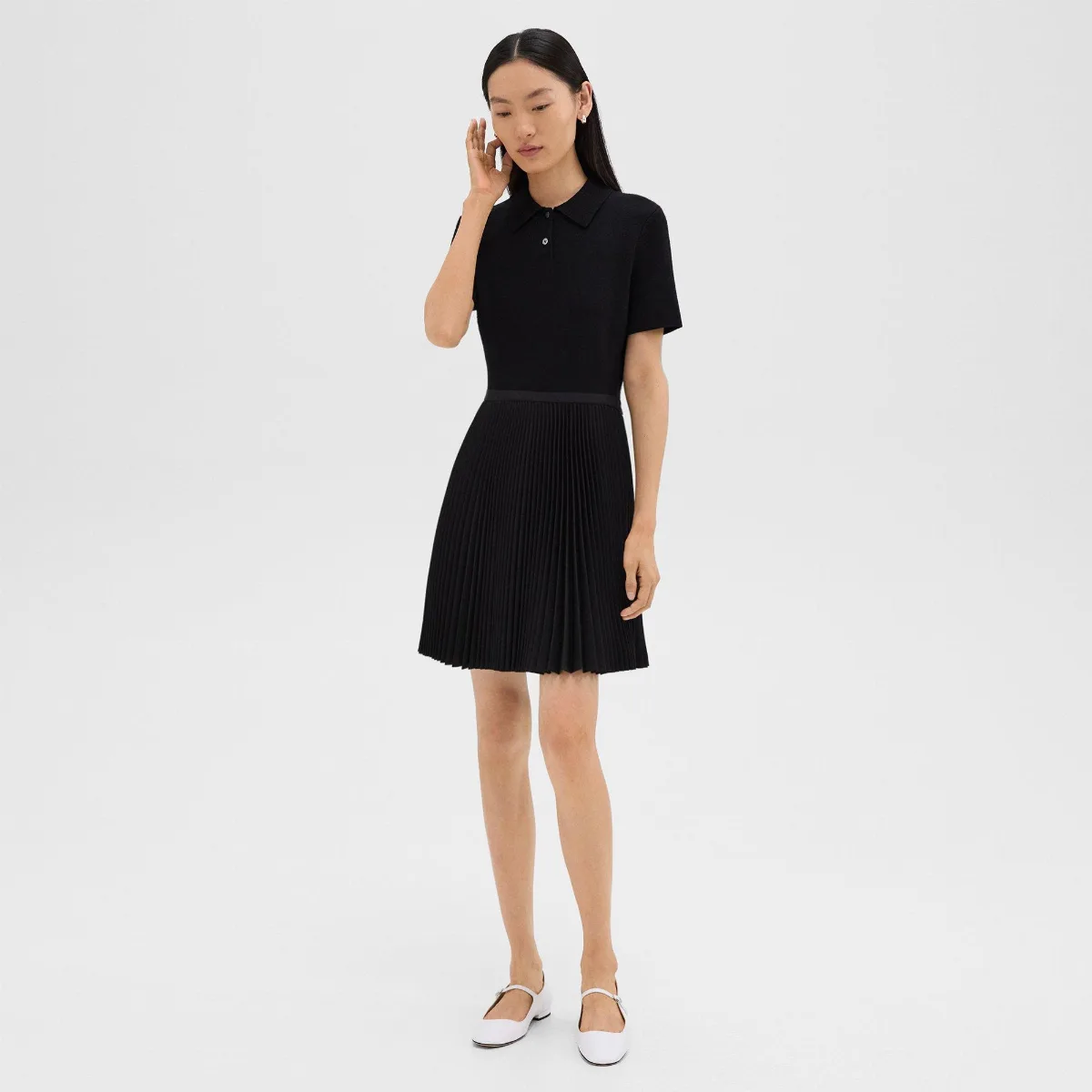 Pleated Combo Polo Dress in Stretch Wool-Blend by Theory