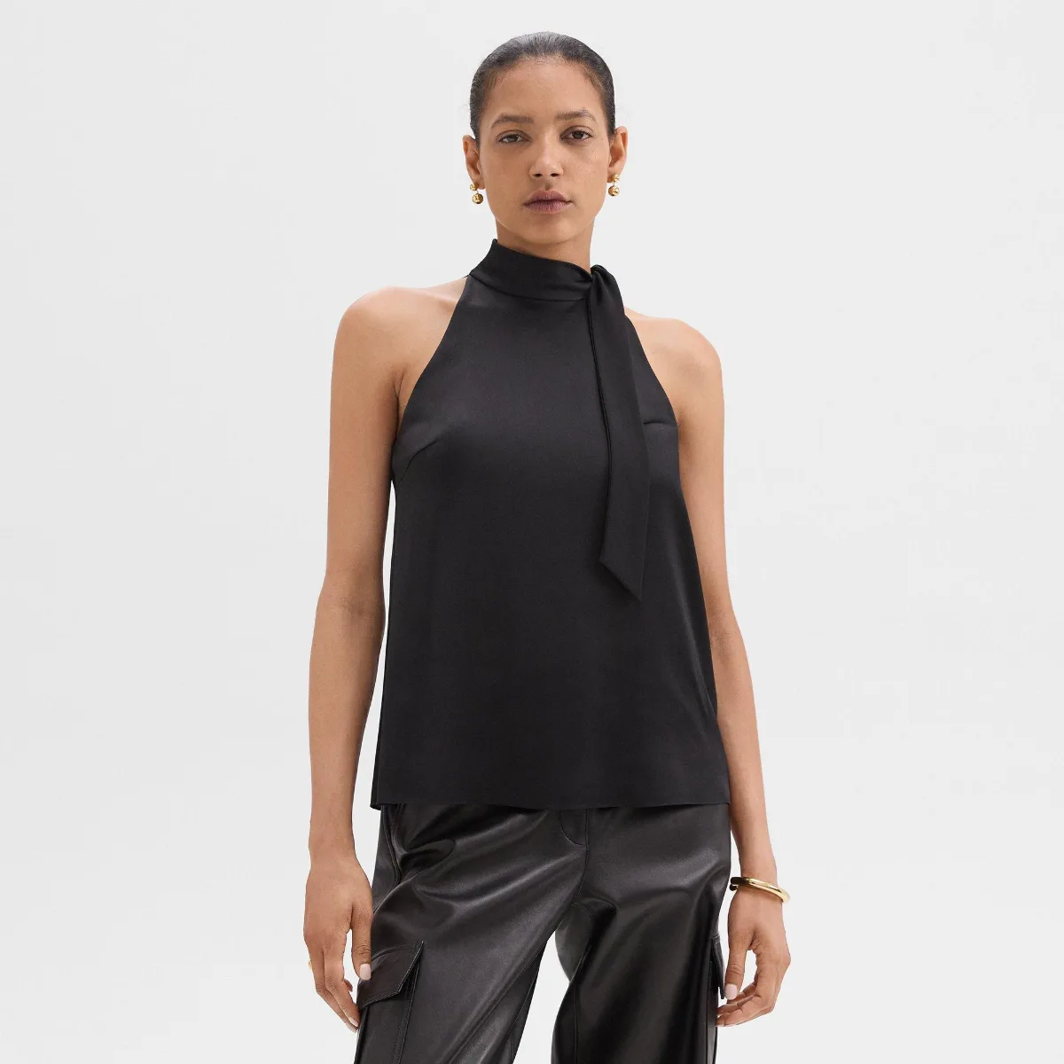 Tie-Neck Halter Top in Textured Satin by Theory