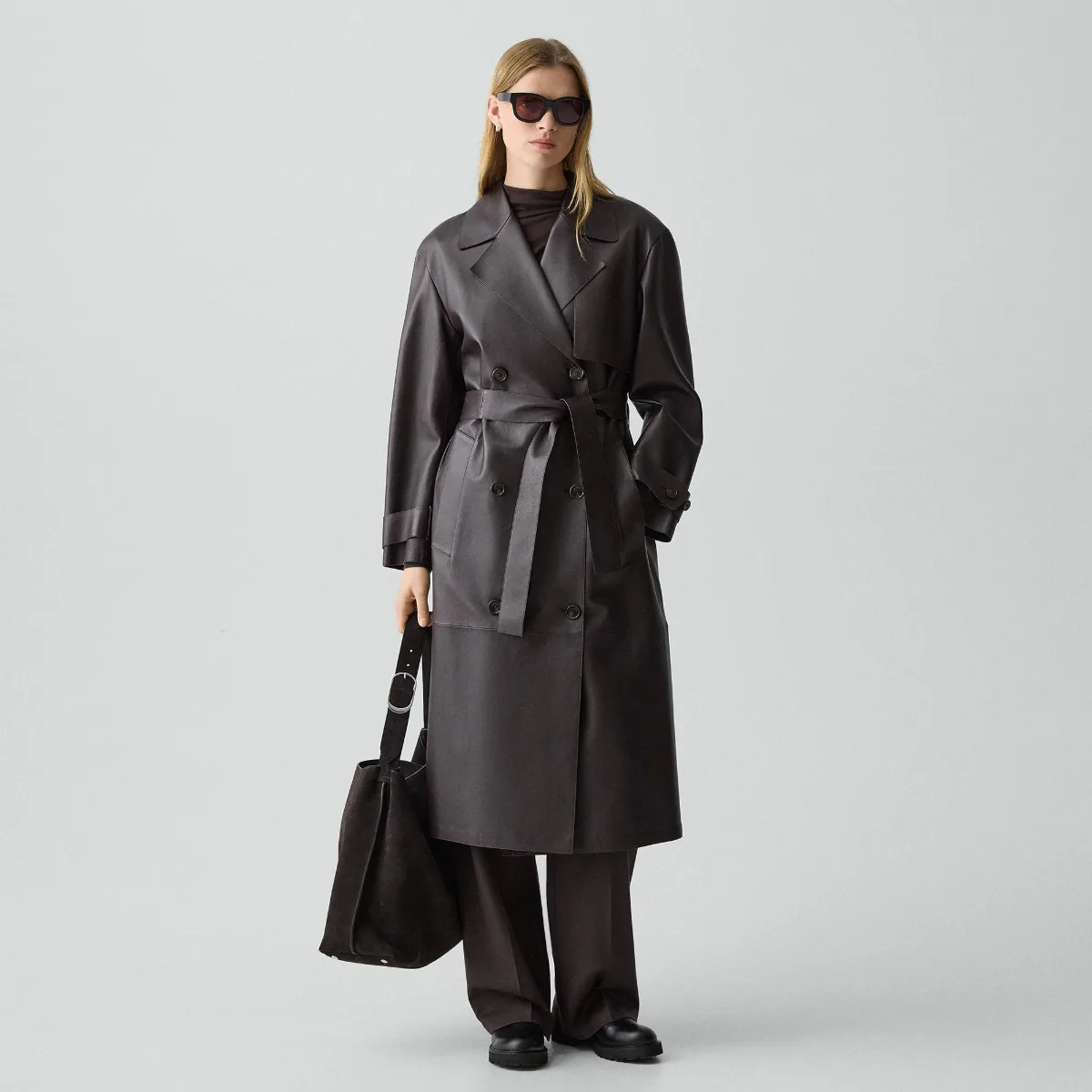 Oversized Double-Breasted Trench Coat in Sleek Leather by Theory