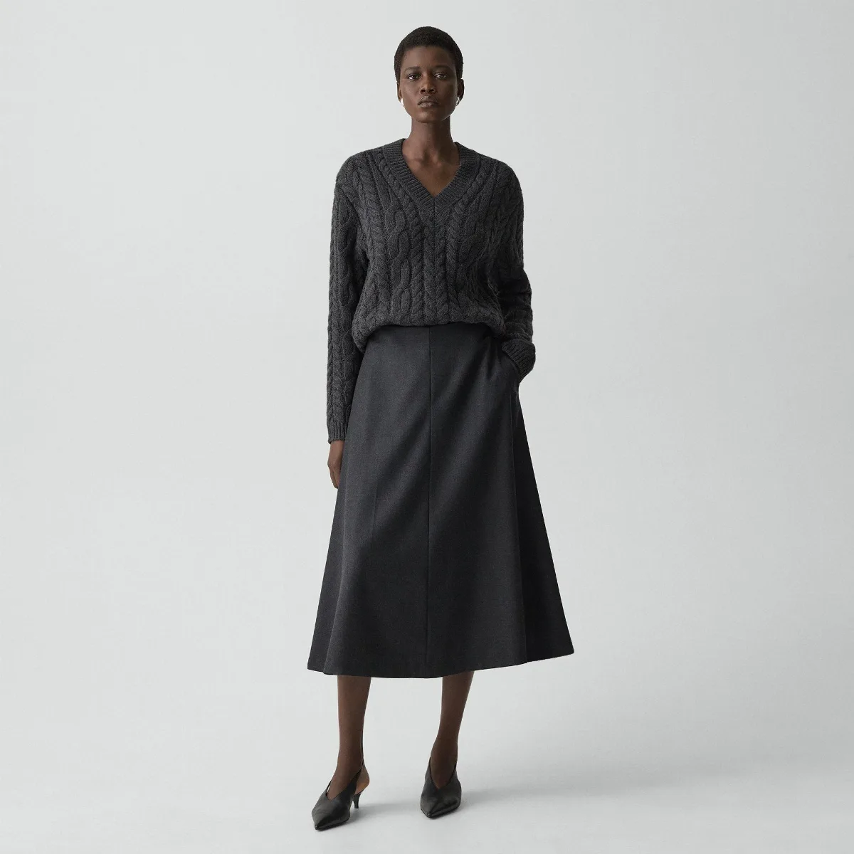 Flared Midi Skirt in Wool-Blend Flannel by Theory