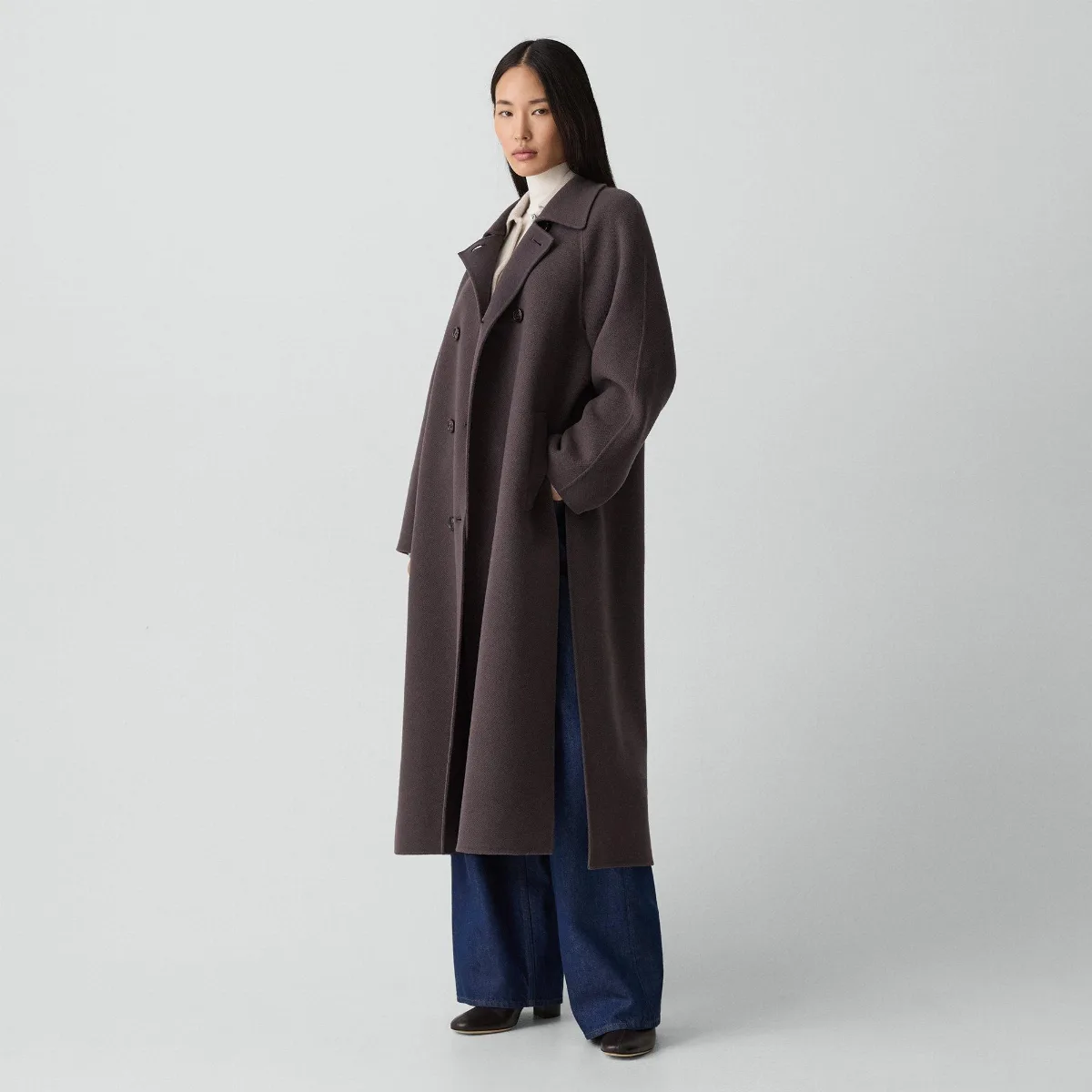 Long Double-Breasted Coat in Textured Wool-Cashmere