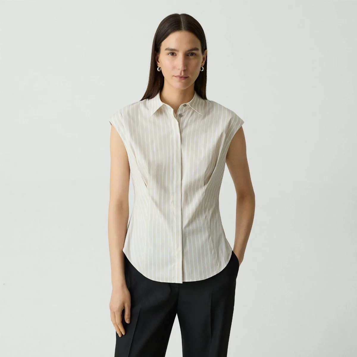 Cinched Cap-Sleeve Shirt in Striped Cotton-Blend by Theory
