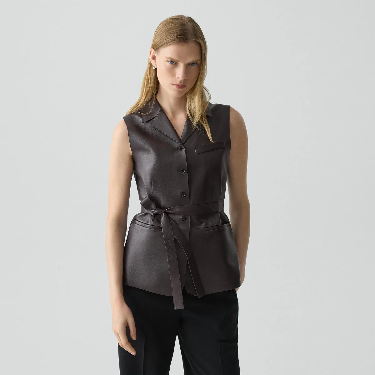 Tie Waist Vest in Sleek Leather by Theory