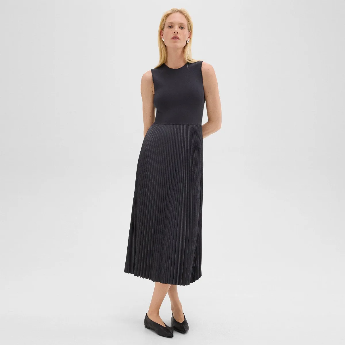 Pleated Combo Dress in Stretch Wool-Blend by Theory