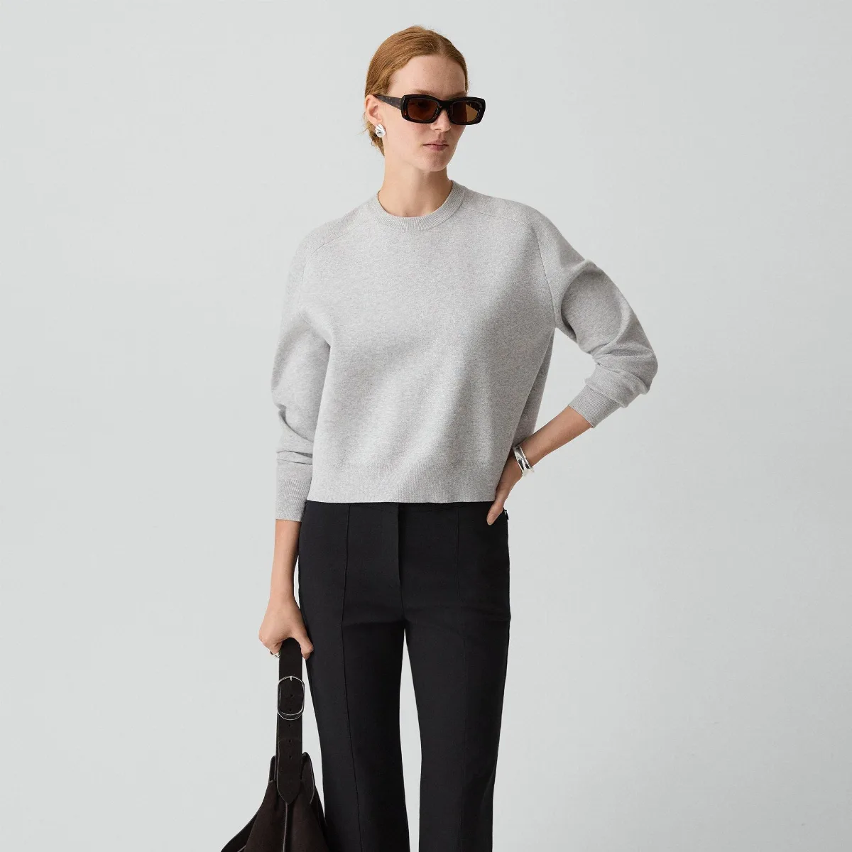 Cropped Crewneck Sweater in Light Bilen by Theory