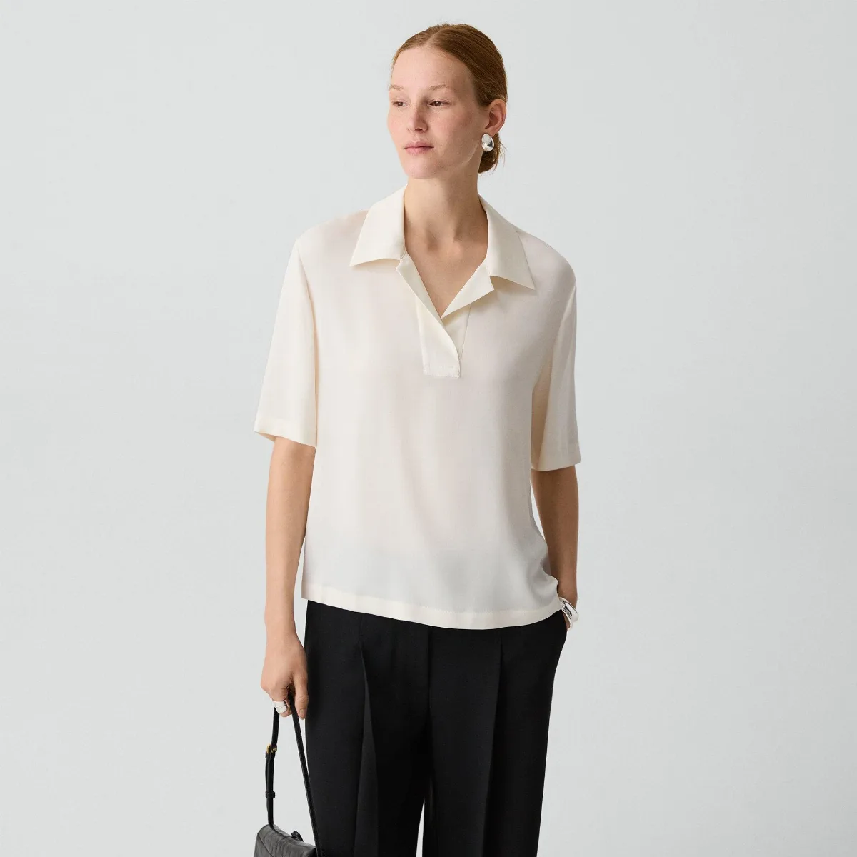 Oversized Polo Shirt in Silk Georgette by Theory