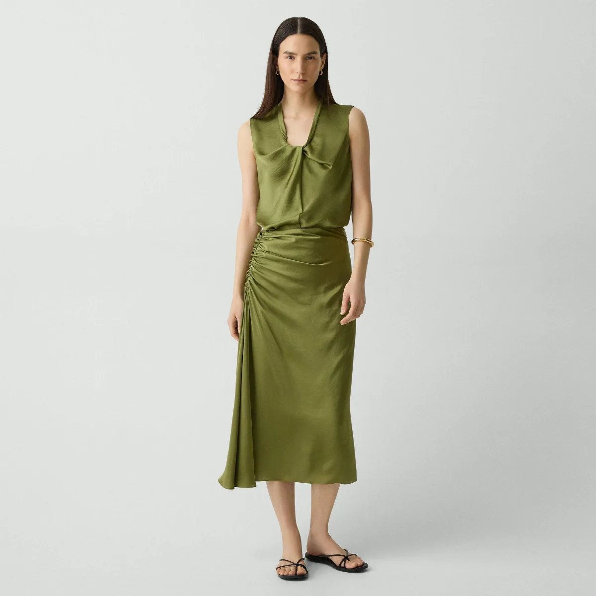 Ruched Midi Skirt in Crushed Satin by Theory