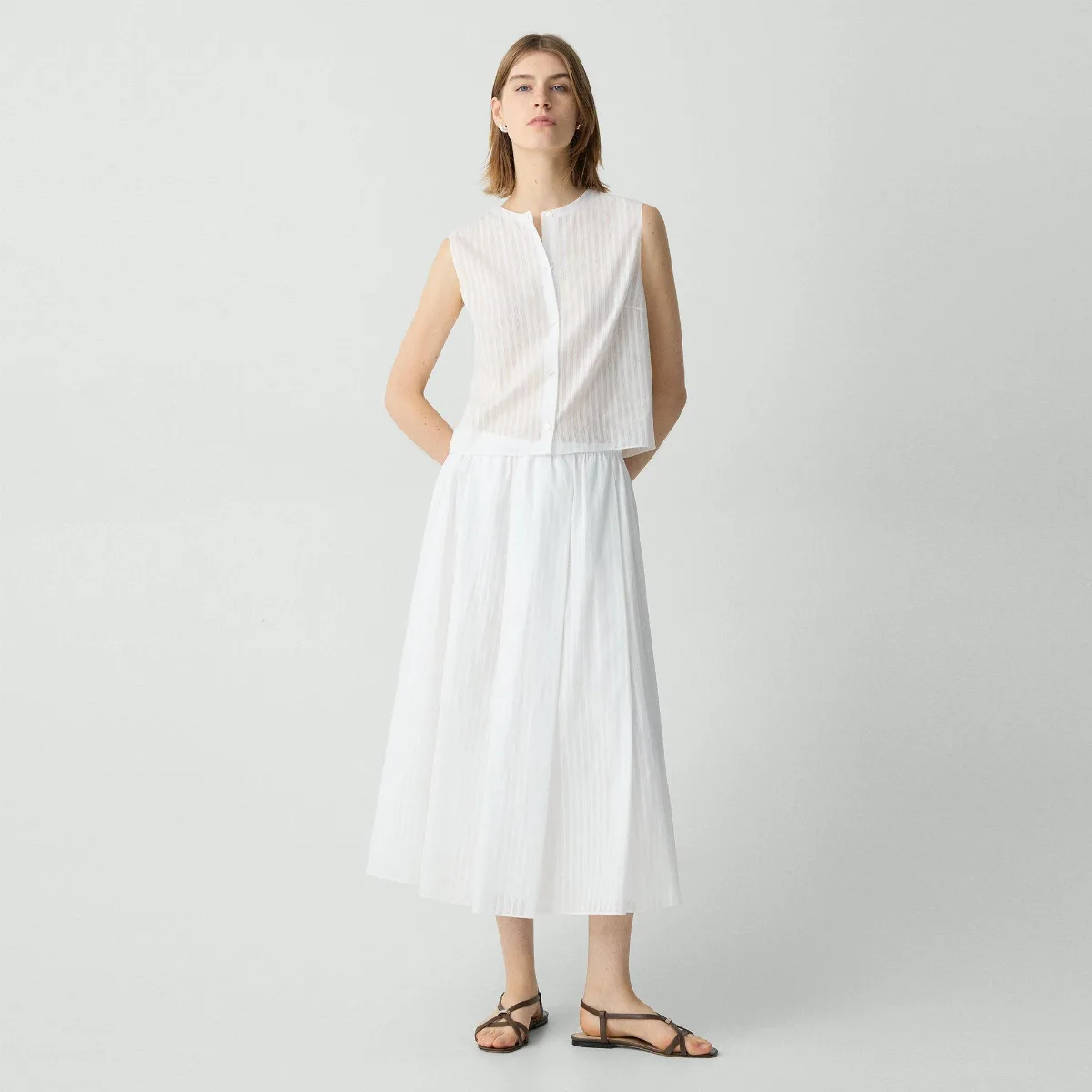 Pleated A-Line Skirt in Linear Cotton by Theory