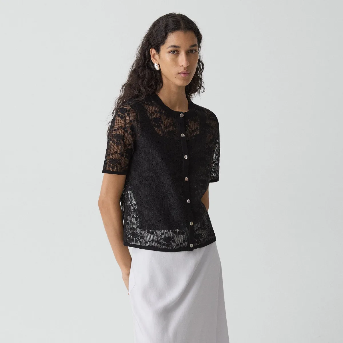 Lace Short-Sleeve Cardigan in Textured Cotton-Blend by Theory