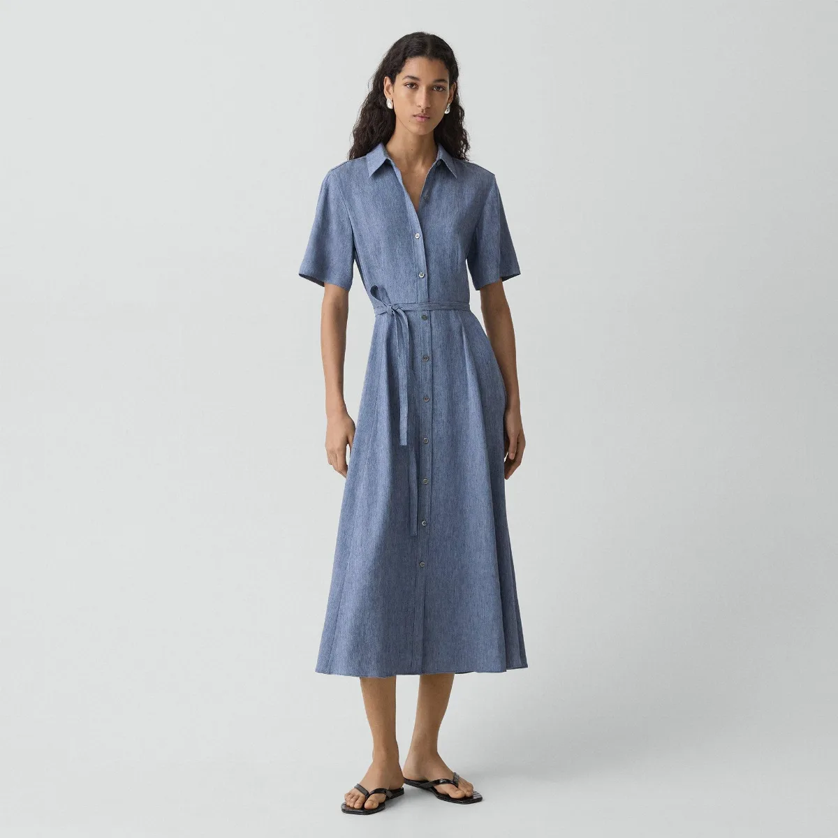 Belted Shirt Dress in Fluid Linen by Theory