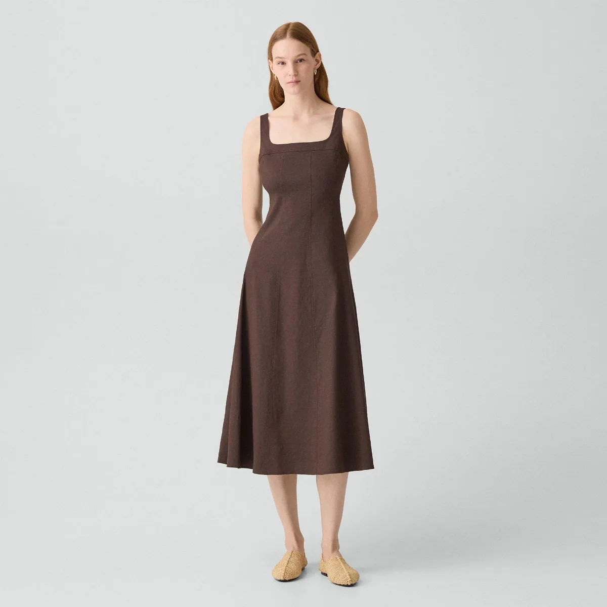 Seamed Square Neck Dress in Good Linen