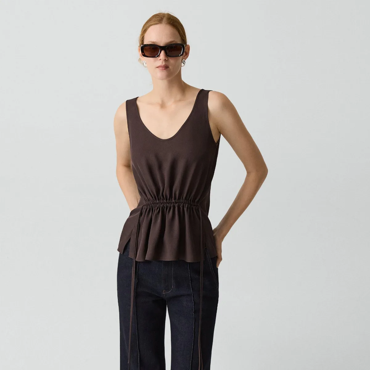 Tie-Waist Tank Top in Washed Twill by Theory