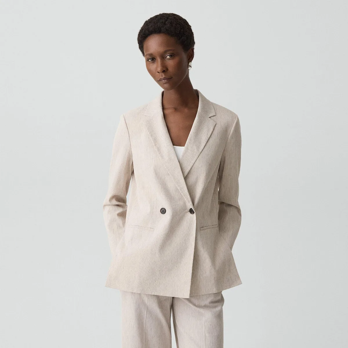 Vented Double-Breasted Blazer in Textured Linen by Theory