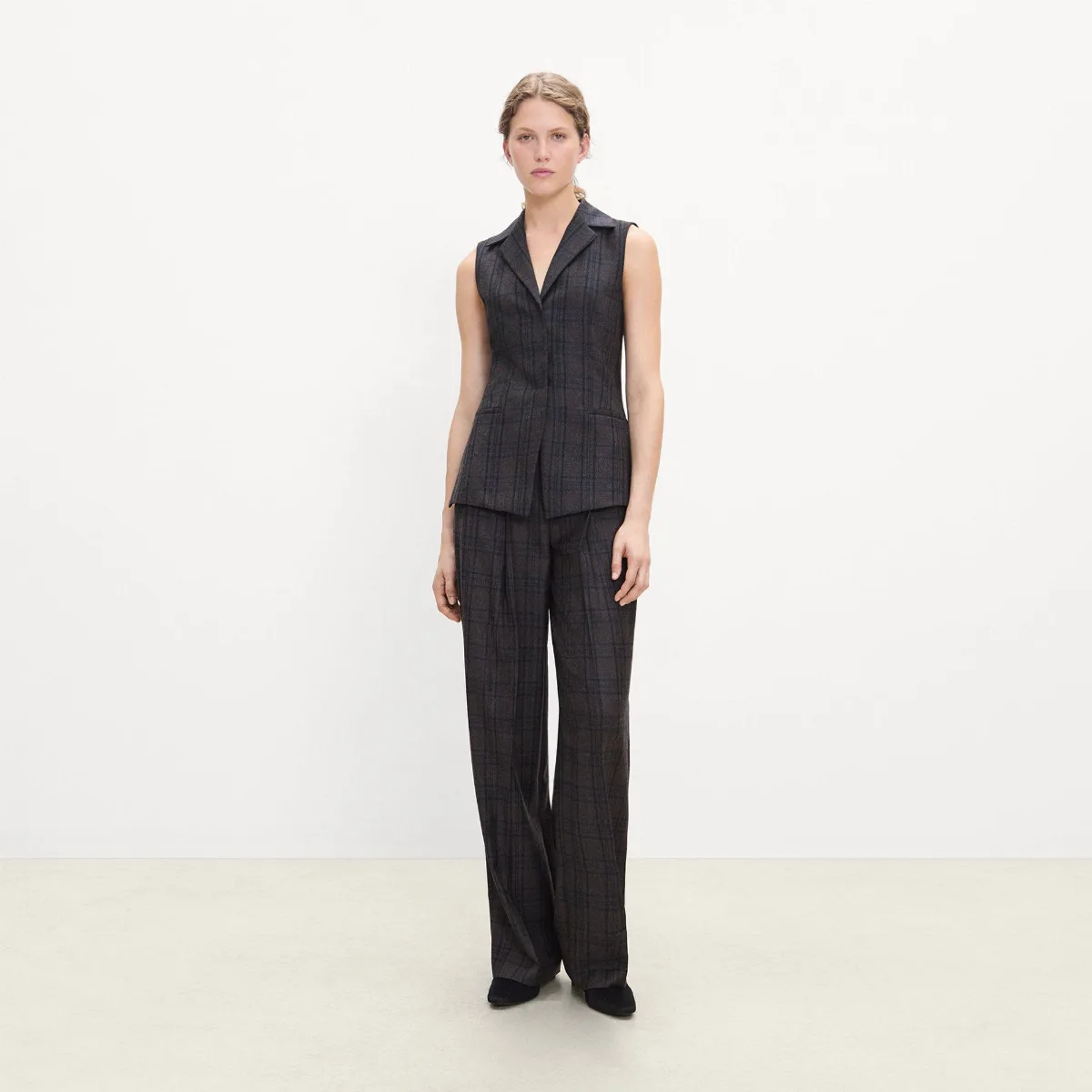 Slim Three-Button Vest in Plaid Sleek Flannel by Theory