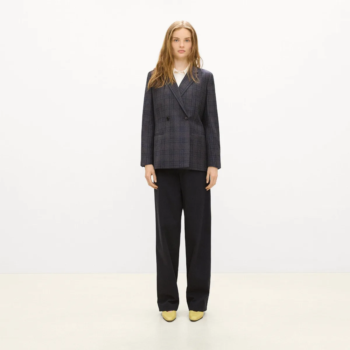 Relaxed Double-Breasted Blazer in Plaid Sleek Flannel by Theory