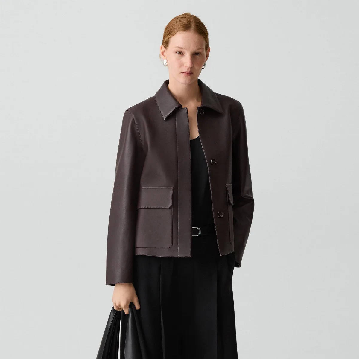 Boxy Patch Pocket Jacket in Leather by Theory