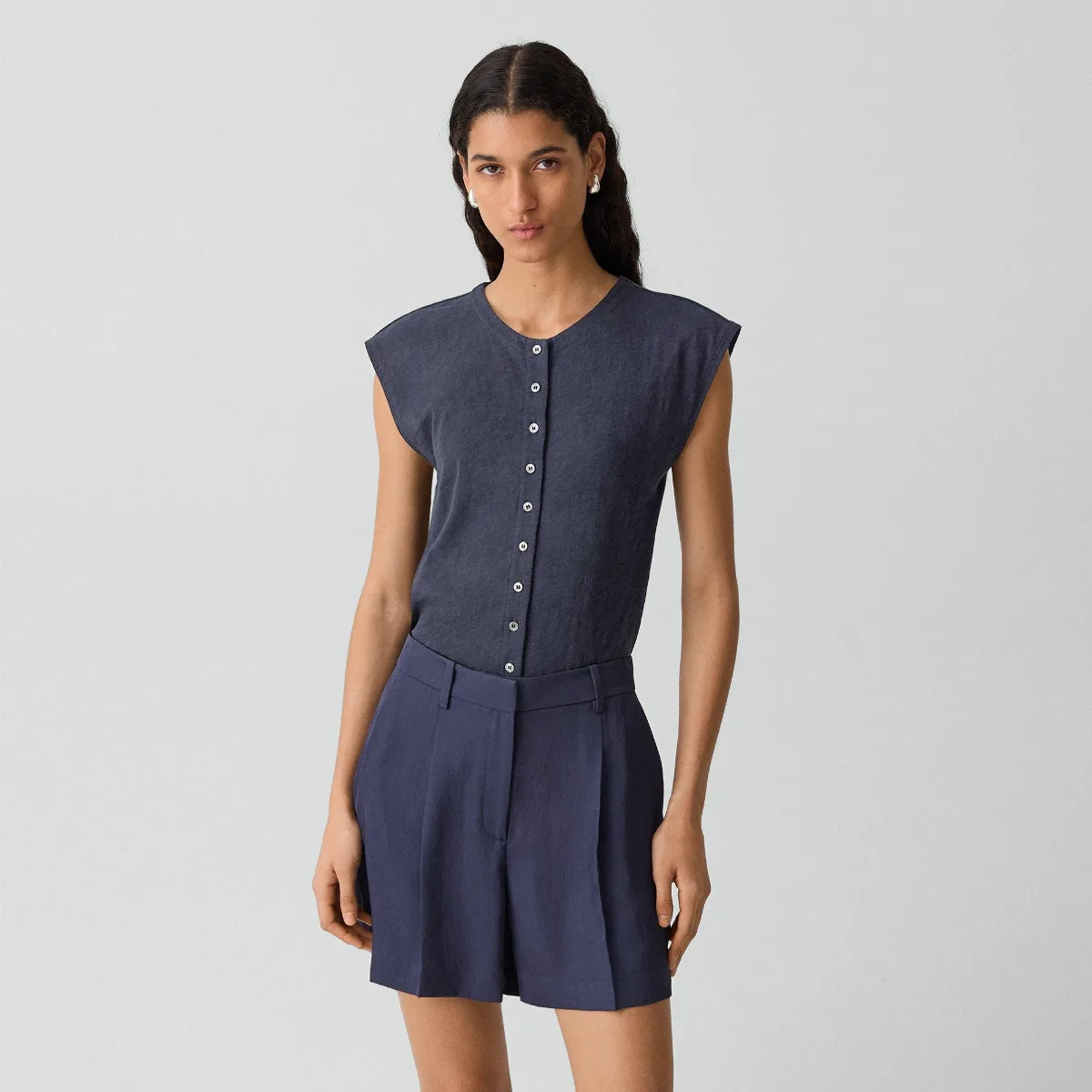 Crewneck Button-Up Top in Organic Slub Cotton by Theory