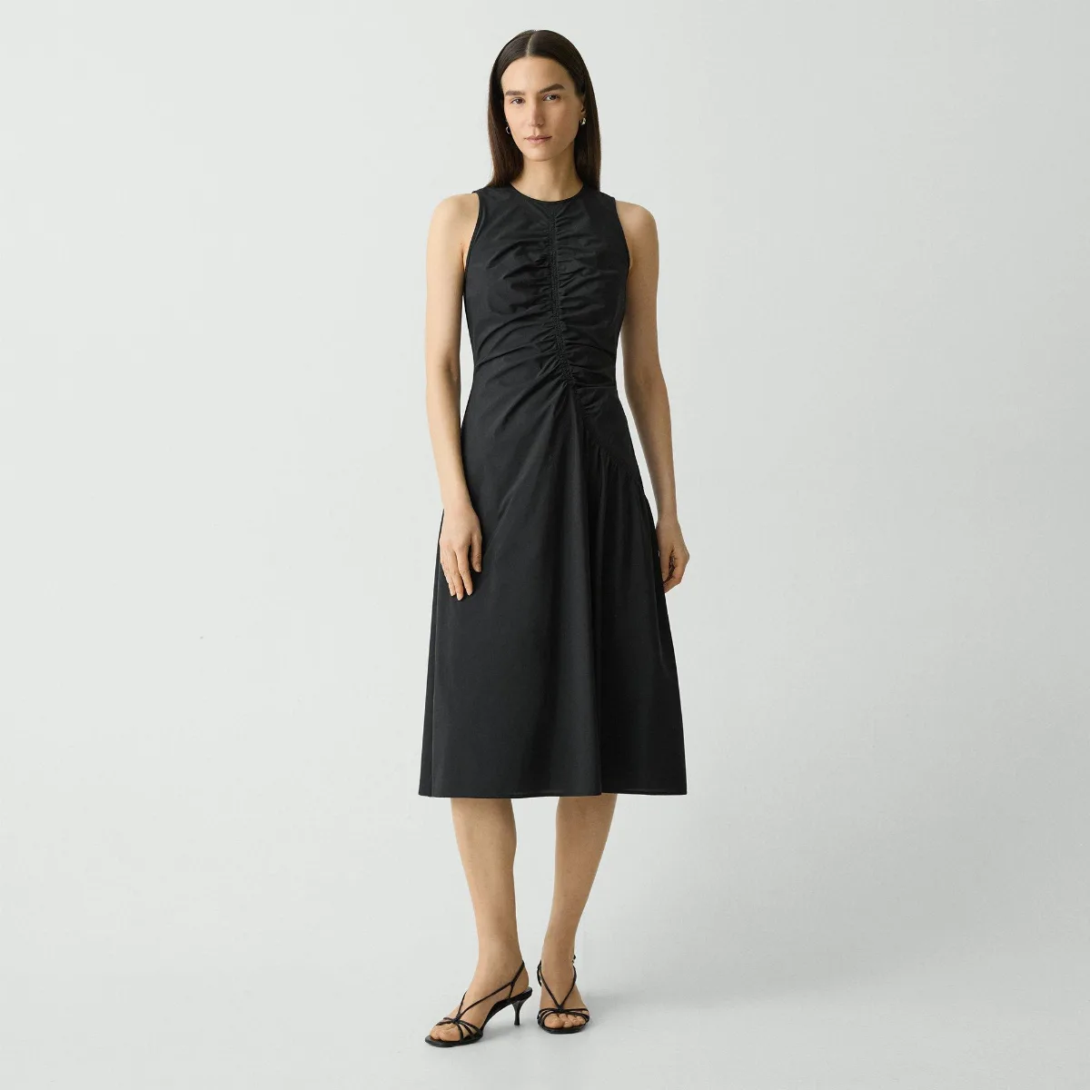 Ruched Asymmetrical Midi Dress in Cotton-Blend