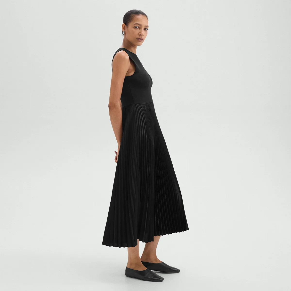 Pleated Combo Dress in Textured Satin