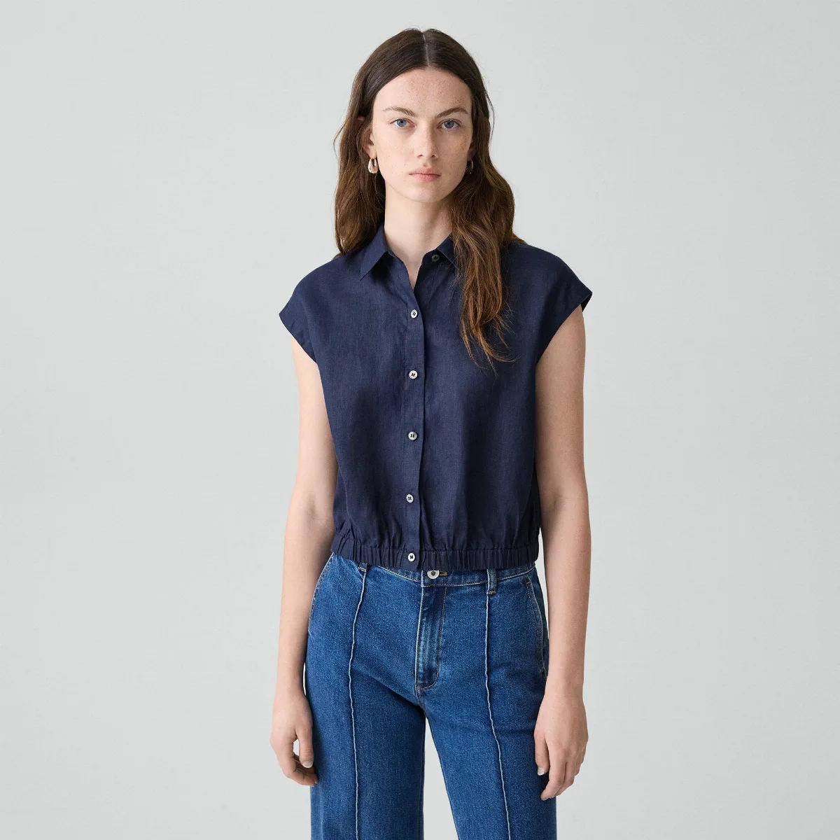 Cap-Sleeve Shirt in Relaxed Linen by Theory