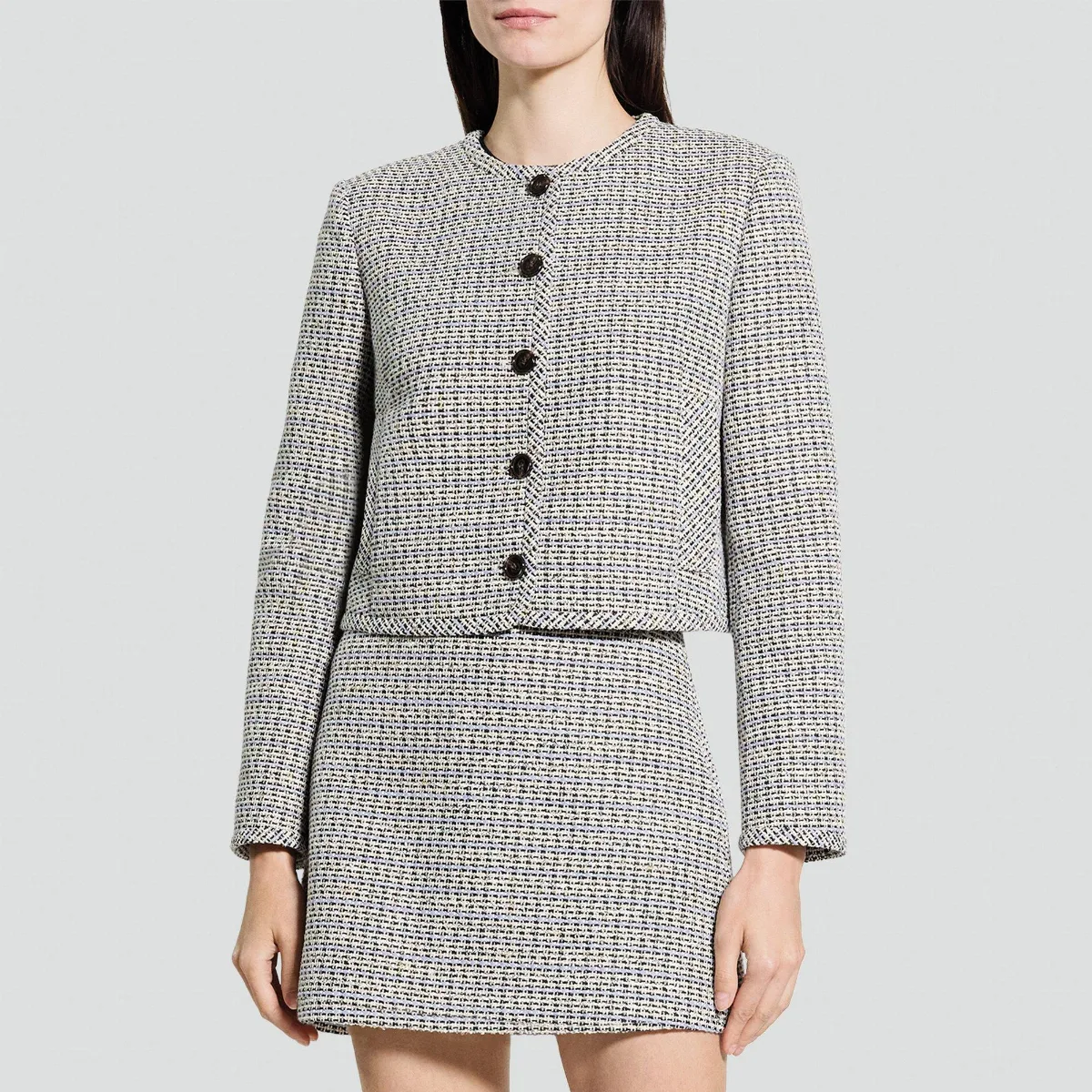 Collarless Jacket in Striped Tweed by Theory
