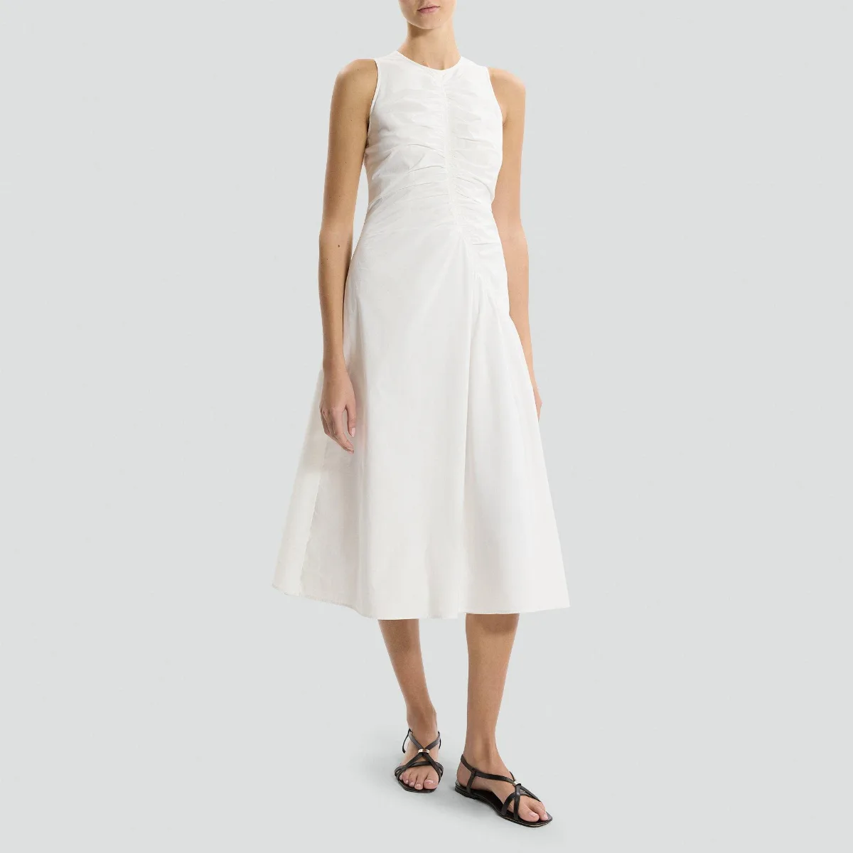 Ruched Asymmetrical Midi Dress in Cotton-Blend