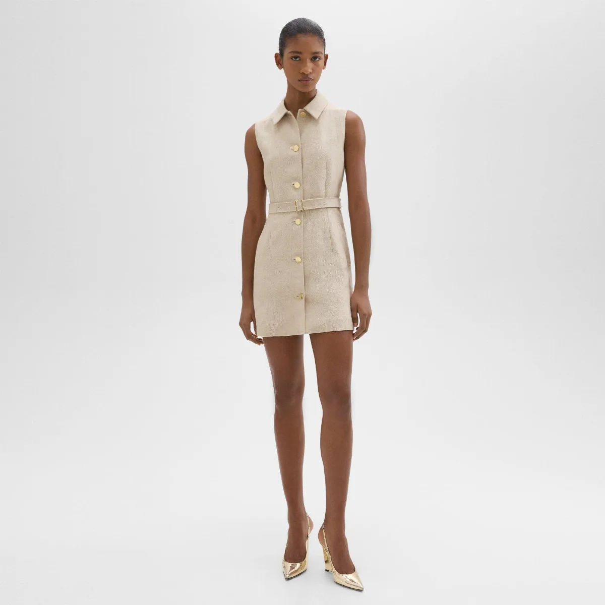 Belted Military Dress in Basket Weave Linen by Theory