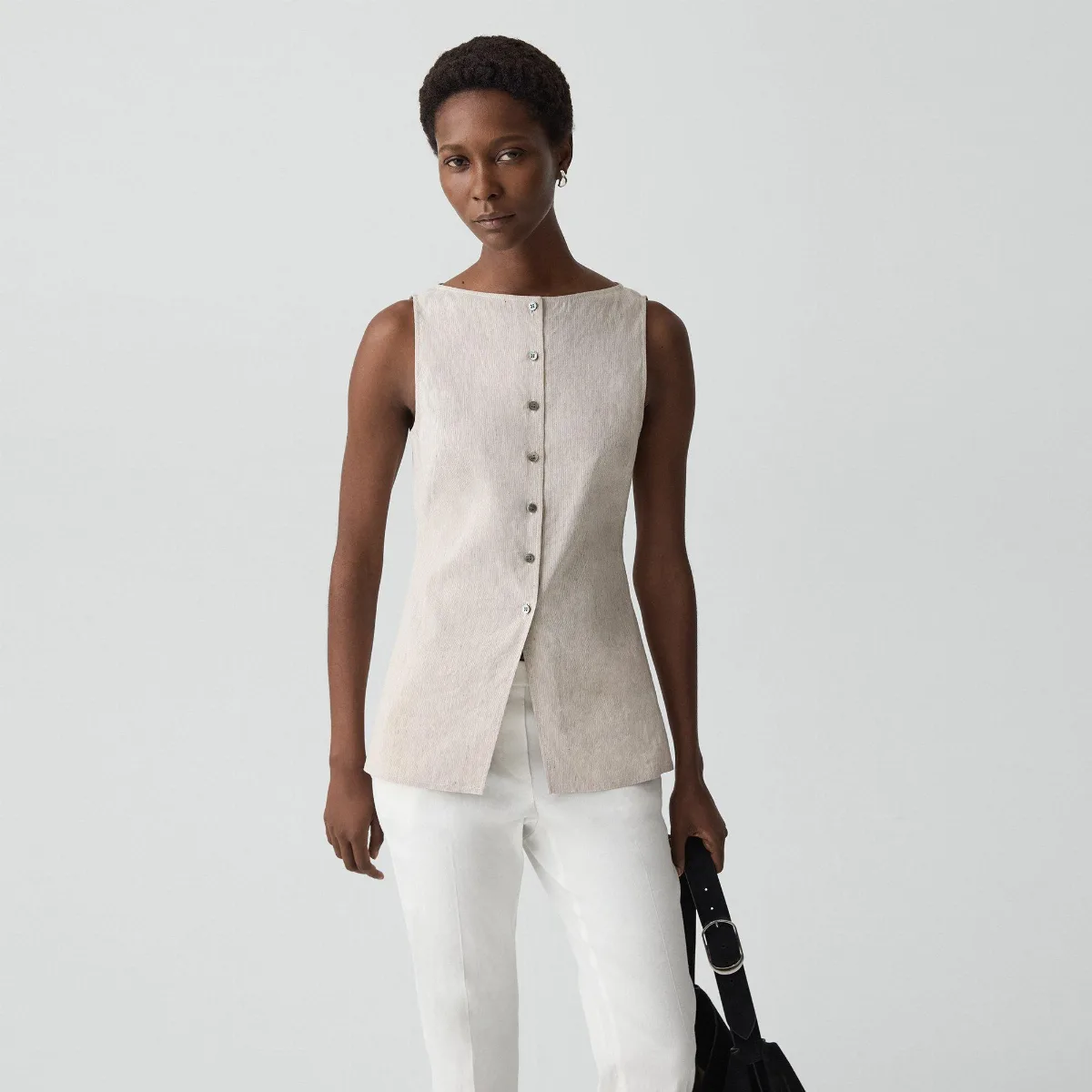 Boatneck Cutaway Top in Textured Linen by Theory