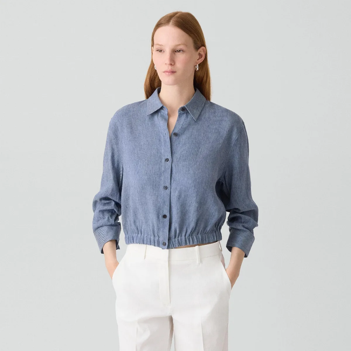 Cropped Shirt in Fluid Linen by Theory