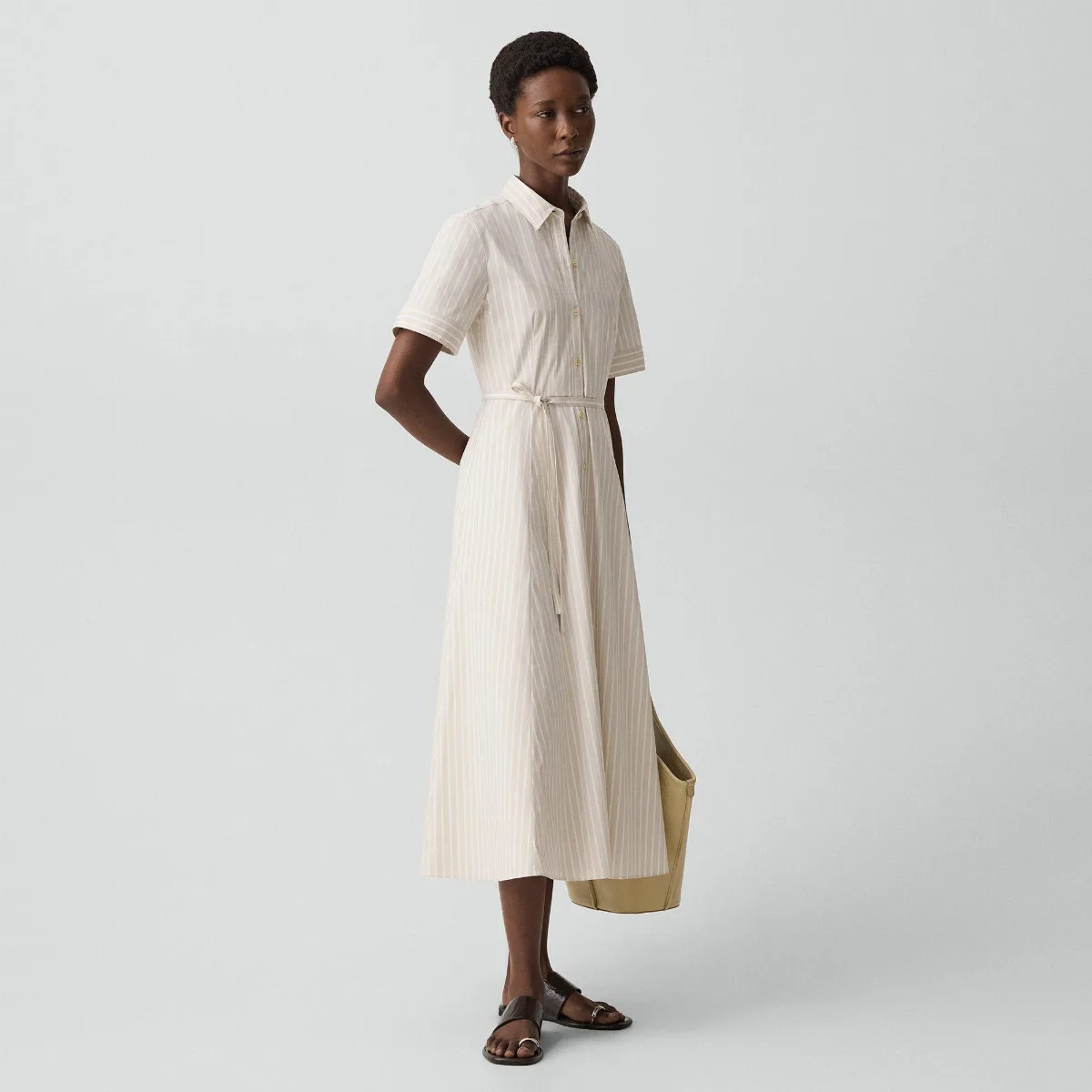 Belted Shirt Dress in Striped Cotton-Blend