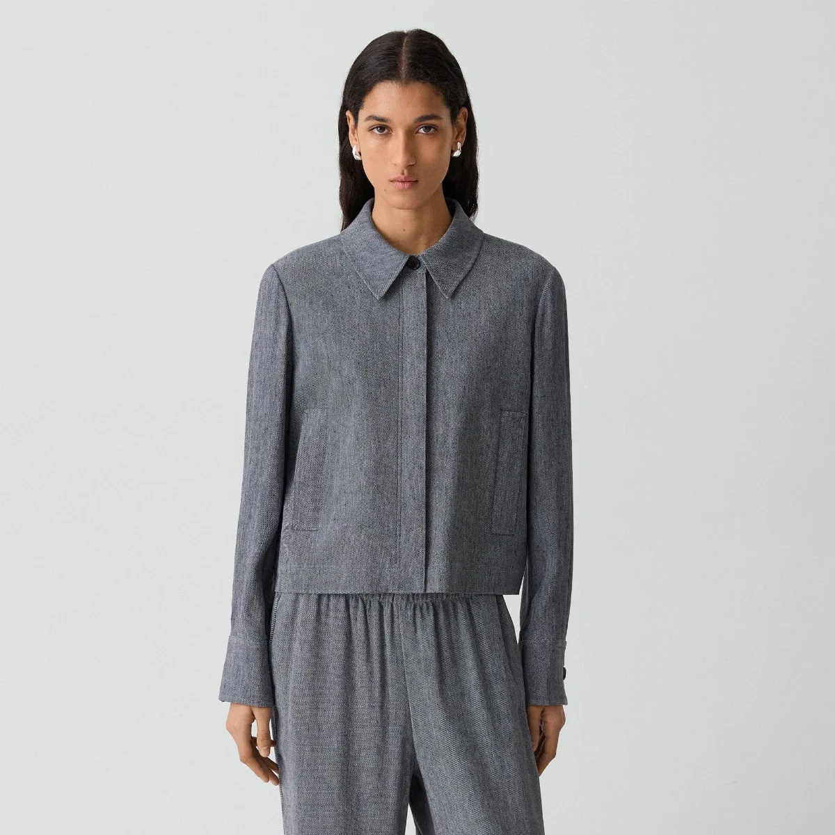 Cropped Shirt Jacket in Fluid Linen by Theory