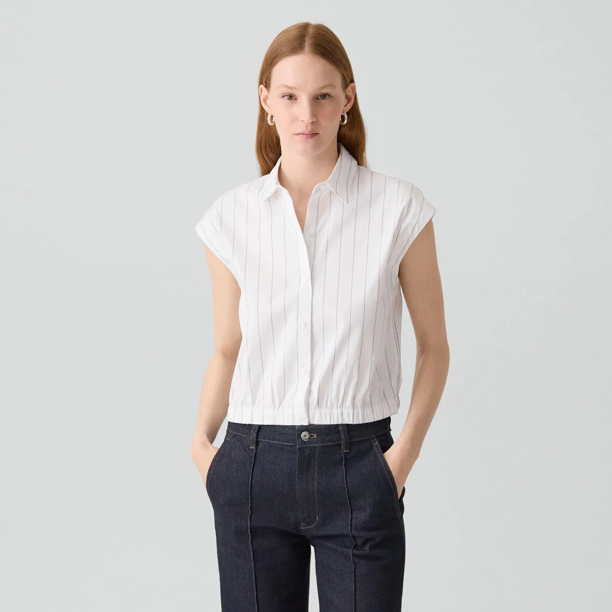 Cap-Sleeve Shirt in Striped Poplin by Theory