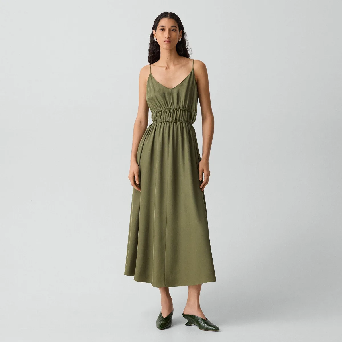 Gathered V-Neck Dress in Washed Twill by Theory