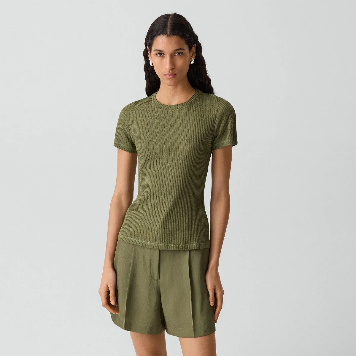 Shrunken Crewneck Tee in Ribbed Cotton-Blend by Theory