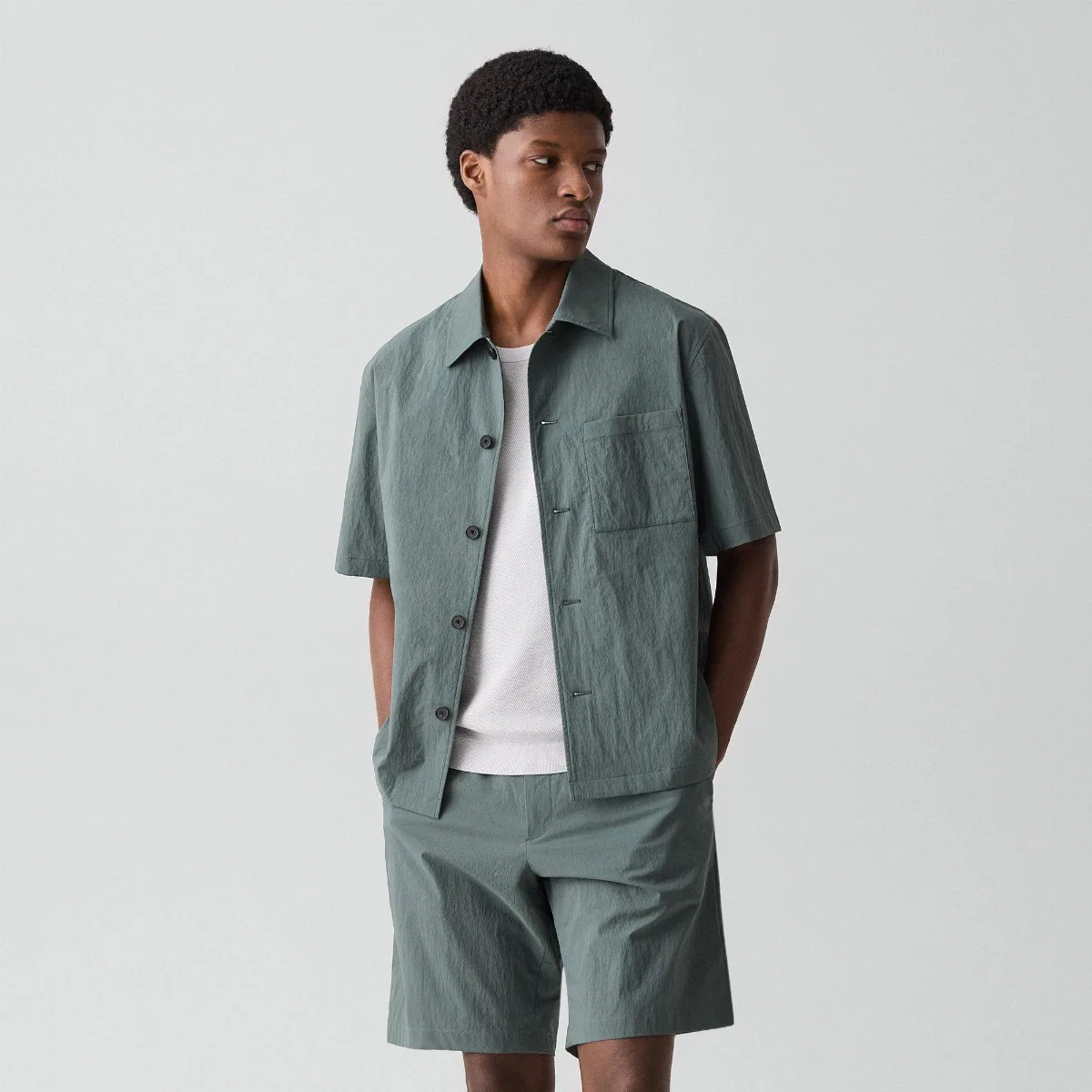 Short-Sleeve Overshirt in Textured Nylon by Theory