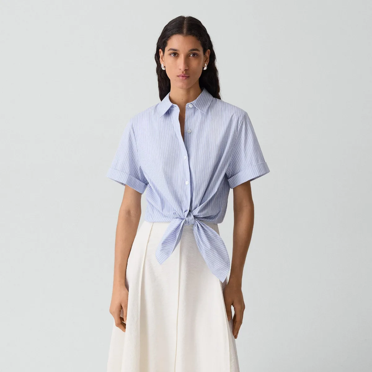 Tie-Front Shirt in Striped Cotton-Blend by Theory