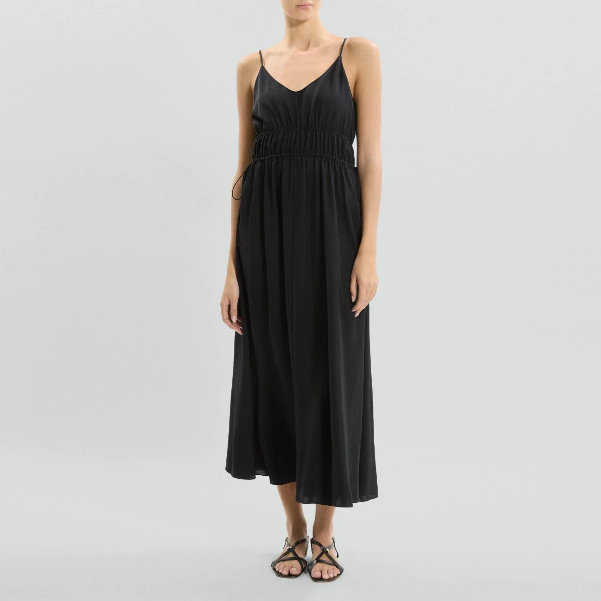 Gathered V-Neck Dress in Washed Twill