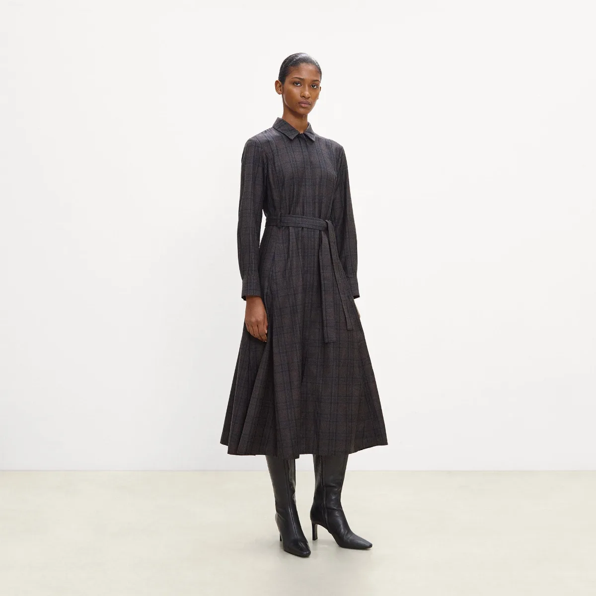 Belted Long-Sleeve Shirt Dress in Sleek Flannel