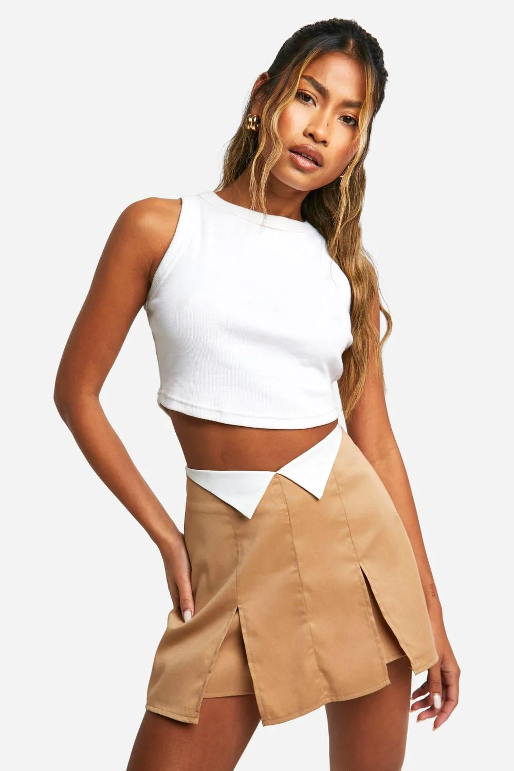 Twill Fold Over Detail Skorts - Stone by boohoo