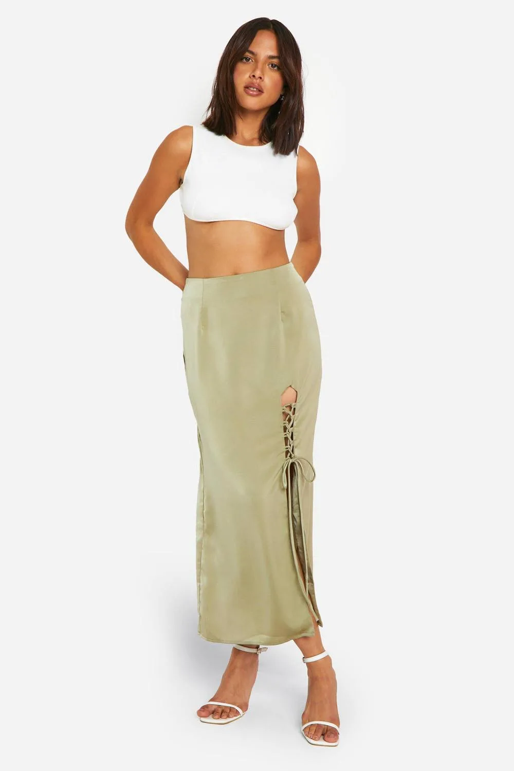 Satin Side Split Lace Up Midaxi Skirt by boohoo