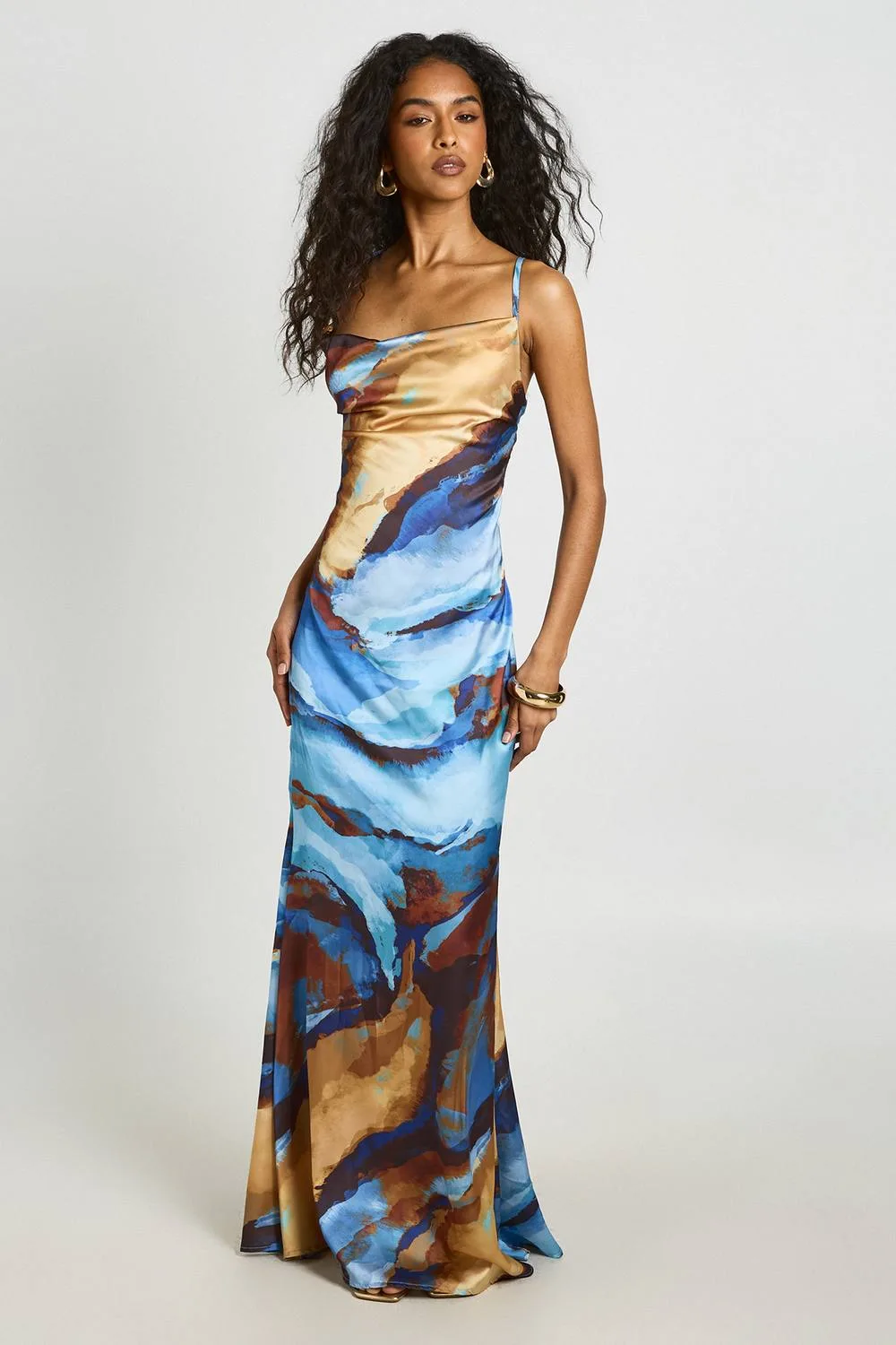 Tonal Abstract Print Cowl Neck Satin Maxi Dress