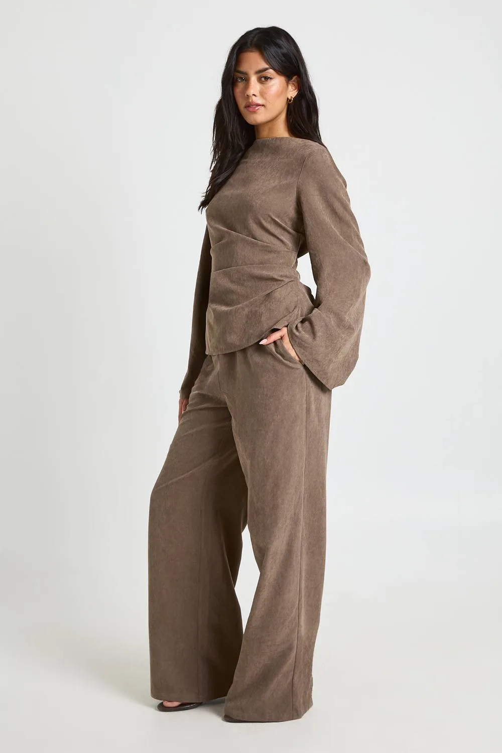 Peached Ruched Flare Sleeve Trouser Co-Ord