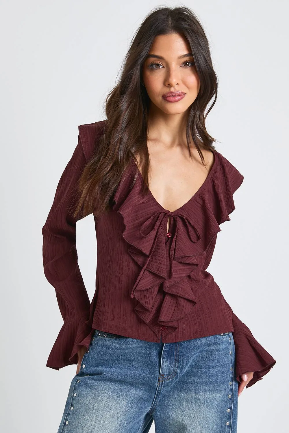 Crinkle Textured Tie Front Blouse by boohoo
