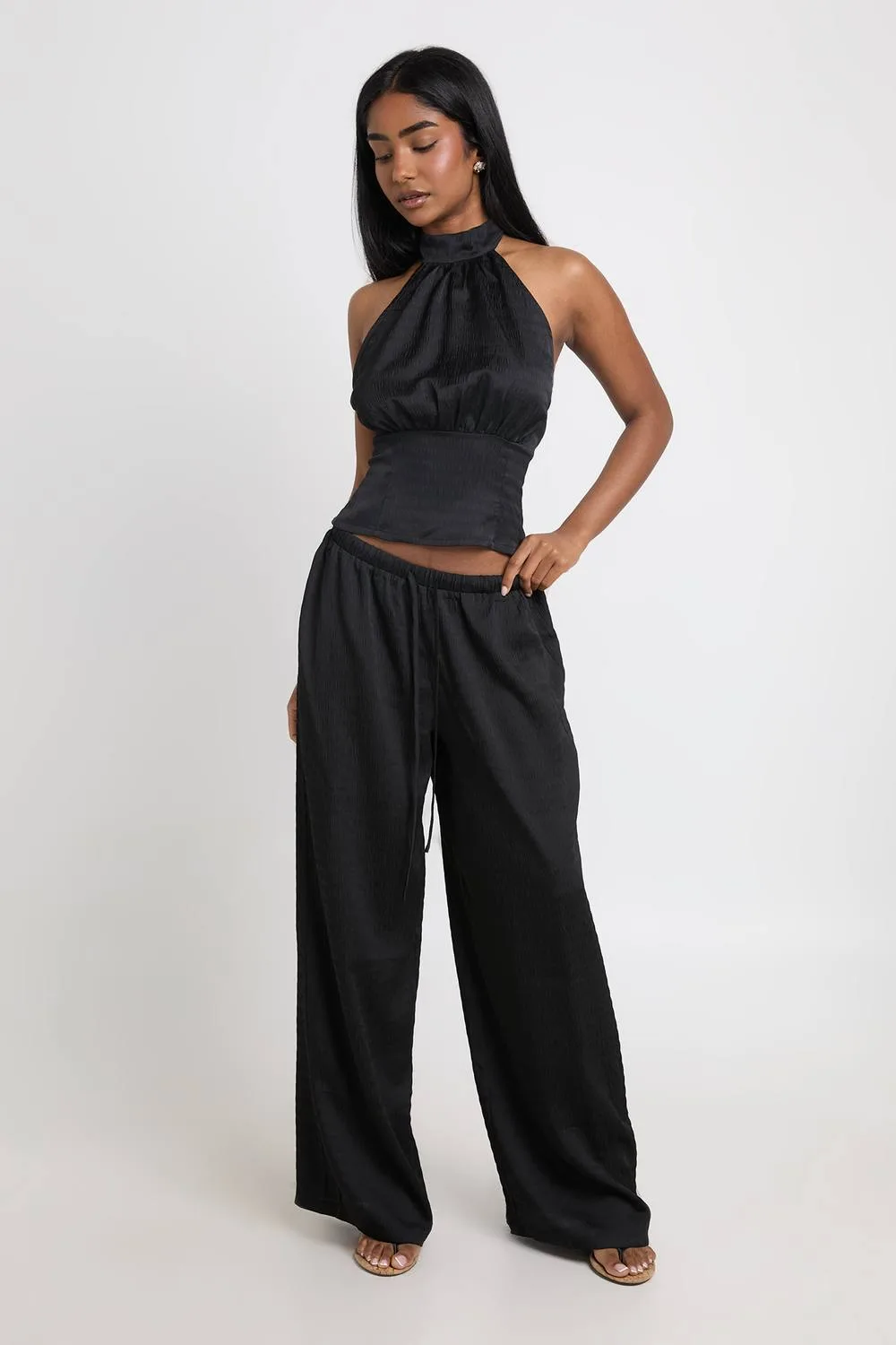 Textured Woven High Neck Top & Wide Leg Trouser Set by boohoo