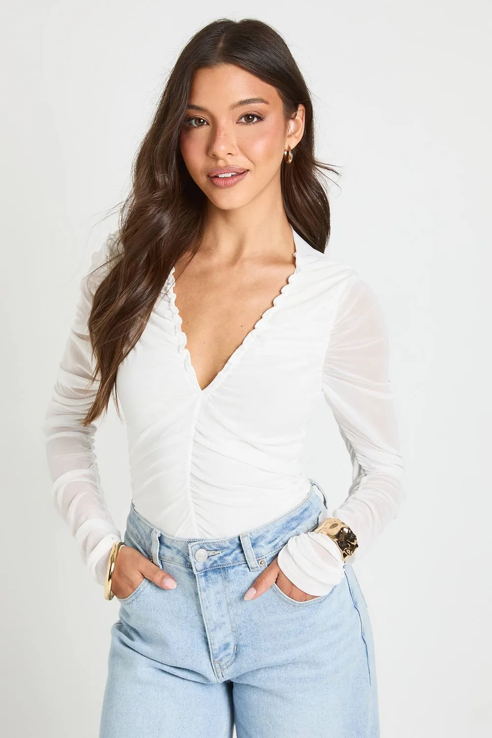 Mesh Ruched Neckline Long Sleeve Bodysuit by boohoo