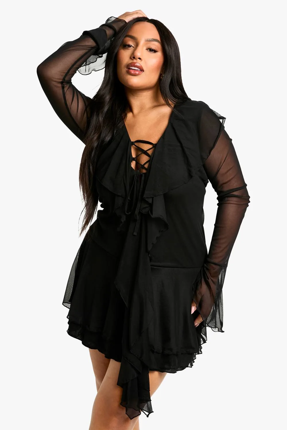 Mesh Ruffle Lace Up Skater Dress by boohoo