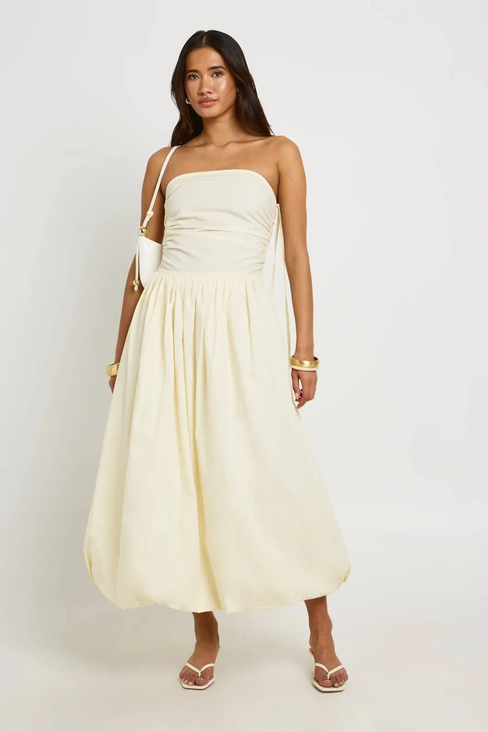 Cotton Poplin Ruched Puff Ball Midi Dress by boohoo