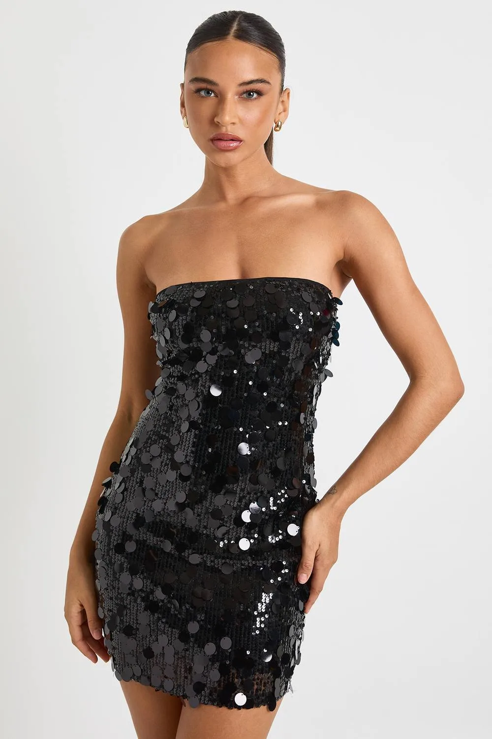 Disc Sequin Bandeau Skater Dress by boohoo