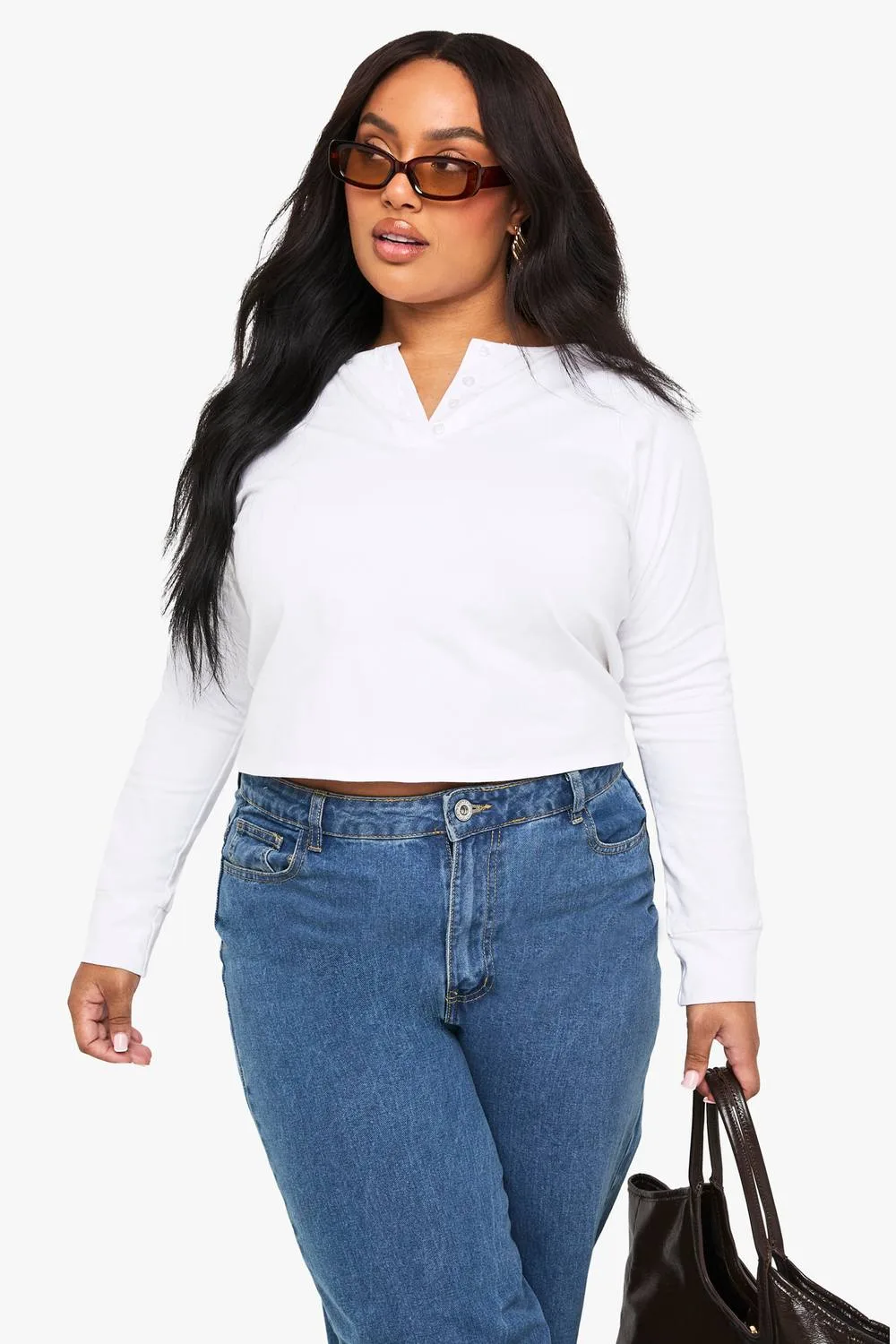 Cotton Henley Button Down Boxy Top by boohoo